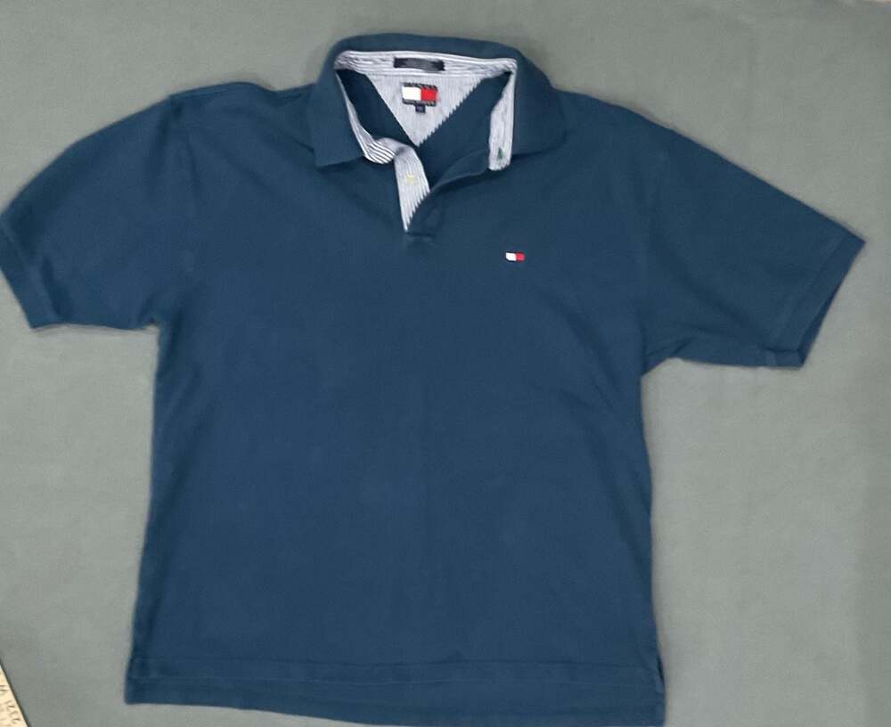 Tommy Hilfiger Men's Blue Short Sleeve Cotton Polo Shirt, Striped Collar XXL